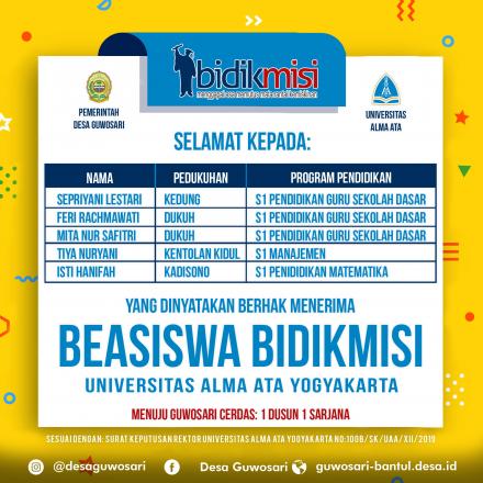 5 WARGA DESA GUWOSARI LOLOS BEASISWA BIDIKMISI UNIVERSITAS ALMA ATA YOGYAKARTA